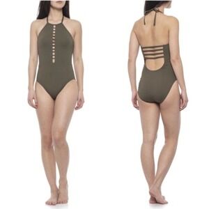 La Blanca Womens Olive Green High Neck Ladder Cutout One Piece Swimsuit Size 16